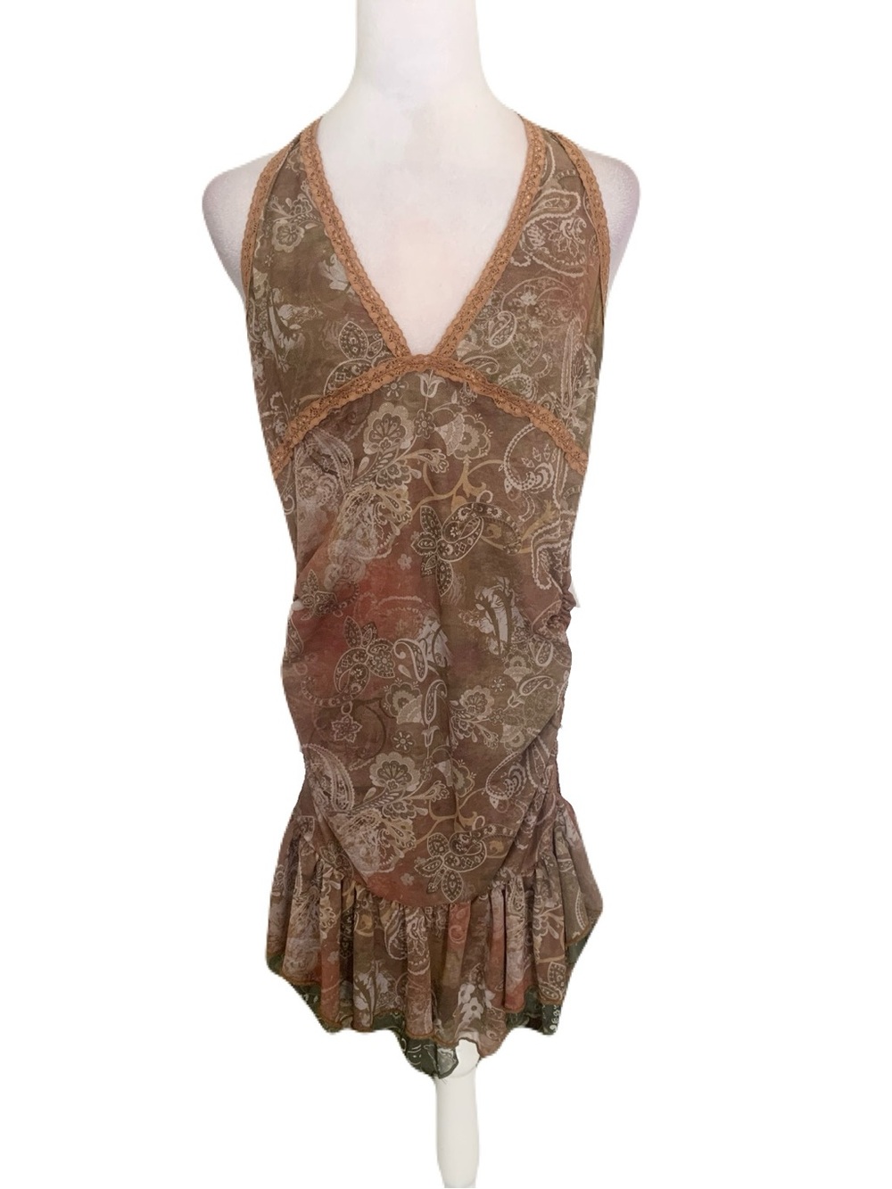 Lace Trim Paisley Floral Print Ruffle Trim Halter Romper Dress Women’s Size 2